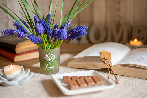 Grape Hyacinth Bouquet with Spring Flowers, Buddha and Deco