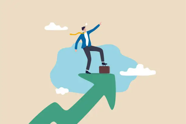 Vector illustration of Growth strategy challenge to improve and achieve business goal, leadership to lead company to meet target, motivation concept, confidence businessman stand on growing arrow pointing up in the sky.