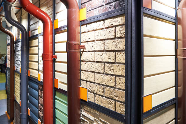 Samples of downpipes, roof and wall coatings at a hardware store