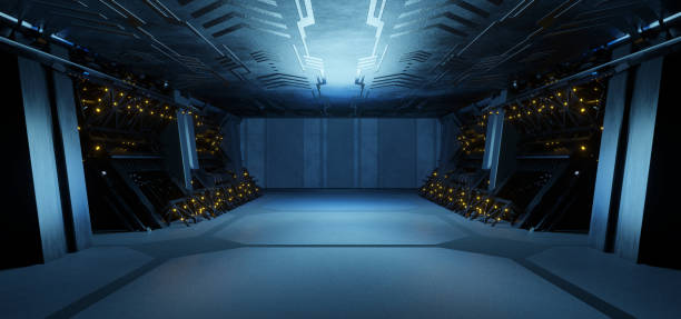 istock Sci-Fi Hangar Revolutionary Deep Blue Green Colors Sci Fi Background Industrial Lab 3D Rendering 1392479833