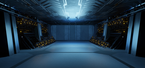 Sci-Fi Hangar Revolutionary Deep Blue Green Colors Sci Fi Background Industrial Lab 3D Rendering
