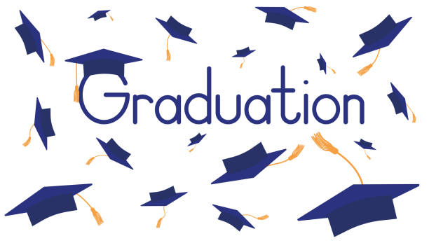 istock Throwing graduation caps with tossels. Graduation ceremony. Vector illustration 1392480333
