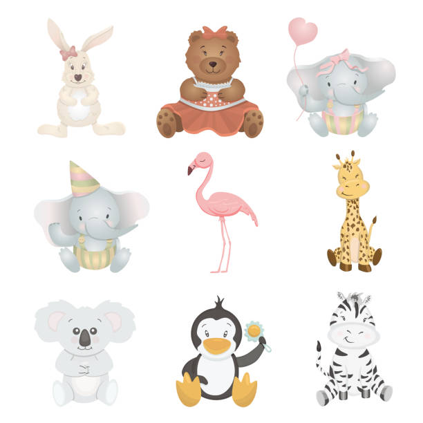 Cute vector set of baby animals: rabbit, bear, elephant, flamingo, giraffe, zebra, penguin, koala. Cute vector set of baby animals: rabbit, bear, elephant, flamingo, giraffe, zebra, penguin, koala. giraffe calf stock illustrations