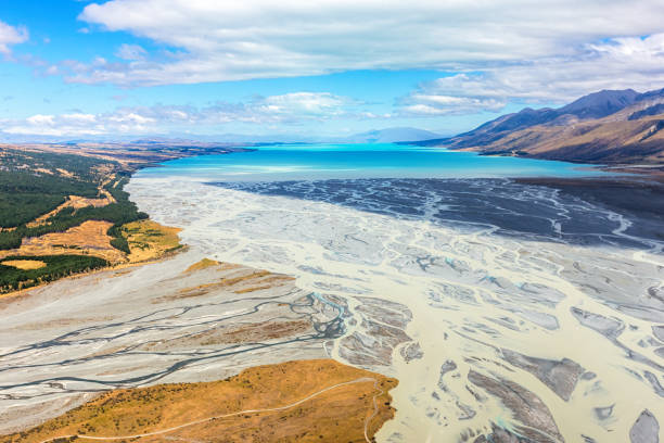Aerial view of Over Lake Pukaki ,Mount Cook National Park in South island New Zealand stock photo