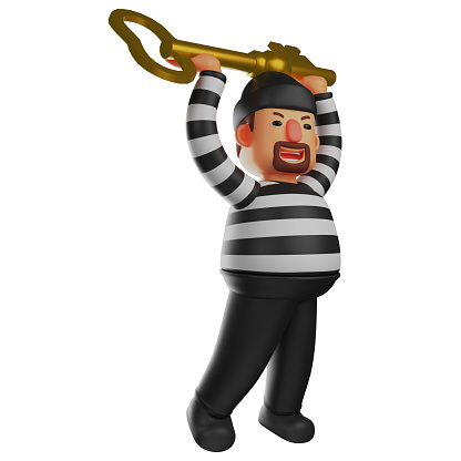 3D Thief Cartoon Design having a gold key