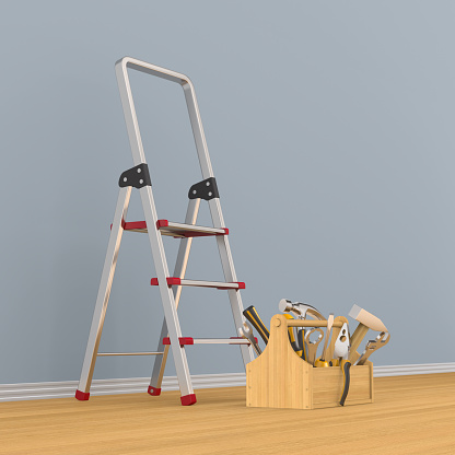 ladder and toolbox with tools in room. 3D illustration