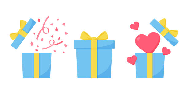 clipart der geschenkbox. konfetti, herz, band. bild des geschenks, jubiläum. blau und gelb. - white background valentines day box heart shape stock-grafiken, -clipart, -cartoons und -symbole