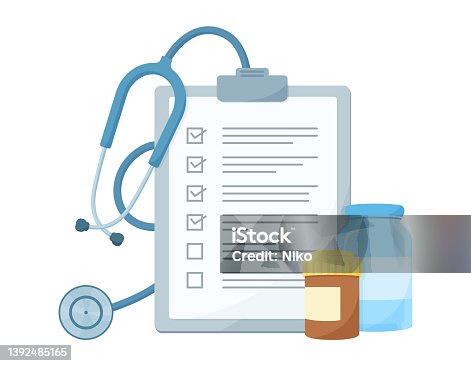 istock Illustration of a medical chart. Stethoscope, medicine and medical certificate. Vector image of a hospital visit and prescription. 1392485165