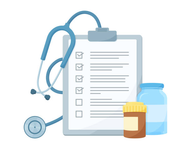 hình minh họa của một biểu đồ y tế. ống nghe, thuốc và giấy chứng nhận y tế. hình ảnh vector của một chuyến thăm bệnh viện và kê đơn. - prescriptions hình minh họa sẵn có