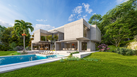3D rendering of an impressive contemporary villa in exposed cement with garden and pool3D rendering of an impressive contemporary villa in exposed cement with garden and pool3D rendering of a big contemporary villa in wood and concrete with impressive garden and pool3D rendering of an impressive contemporary villa in exposed cement with garden and pool