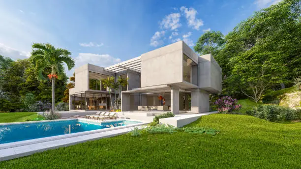 Photo of Luxurious brutalist home with pool and tropical garden