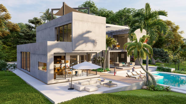 istock Luxurious brutalist home with pool and tropical garden 1392486429