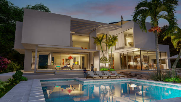 istock Luxury modern  villa with pool at dusk 1392486478