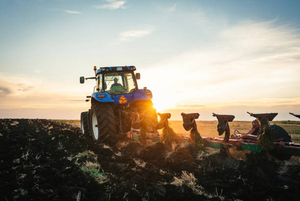 landwirt in traktor vorbereitung land mit nährboden cultivator - landwirtschaftliches gerät stock-fotos und bilder