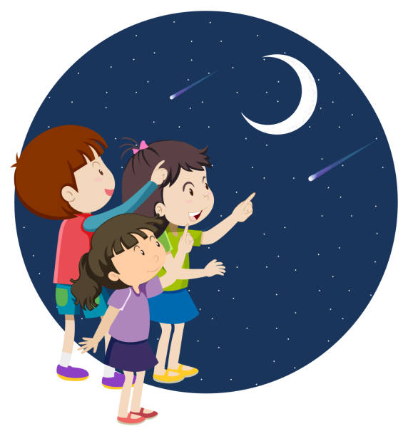 istock Cartoon kids pointing finger to the moon 1392489247