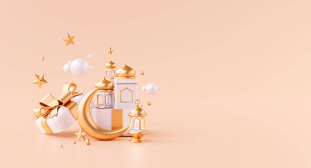 istock Islamic Ramadan Kareem greeting with moon star and lantern in gift box on copy space background 3D illustration 1392489955