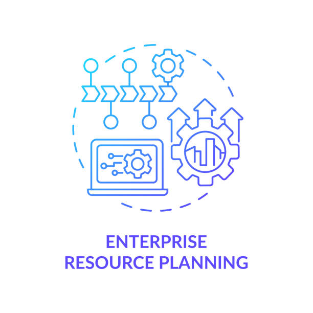 Enterprise resource planning blue gradient concept icon Enterprise resource planning blue gradient concept icon. Information systems abstract idea thin line illustration. Project management. Isolated outline drawing. Myriad Pro-Bold font used iot logo stock illustrations