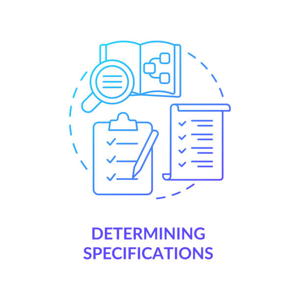 Determining specifications blue gradient concept icon Determining specifications blue gradient concept icon. Information system development stage abstract idea thin line illustration. Isolated outline drawing. Myriad Pro-Bold font used specifications icon stock illustrations