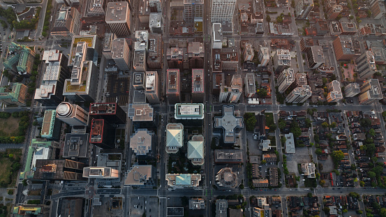 Aerial view of downtown Ottawa and its skyscrapers during sunrise in Ontario, Canada.