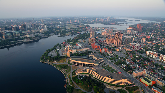 Aerial view of Canadian Museum of History in Hull neighbourhood of Gatineau, Quebec, Ontario, Canada.