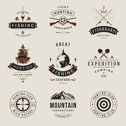 Collection vintage decorative hunting hobby emblem with place for text vector illustration. Set retro emblem template wild animals and birds fishing tourism camping expedition outdoor leisure activity