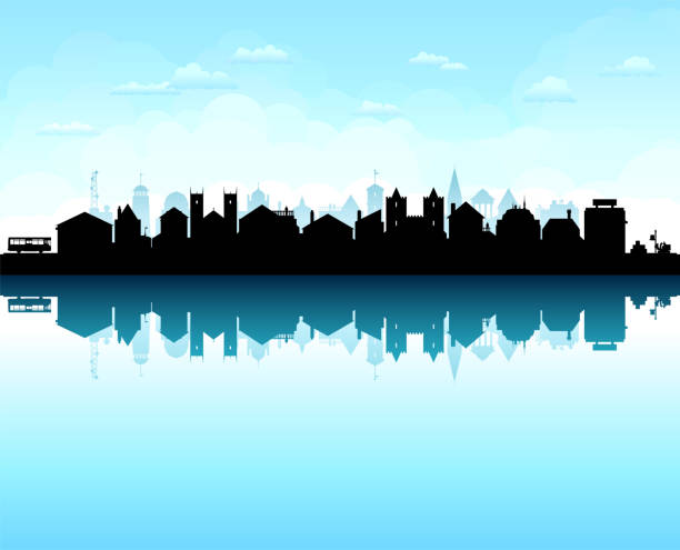 교외 (모든 건물은 움직일 수 있고 완전하다) - skyline silhouette cityscape residential district stock illustrations