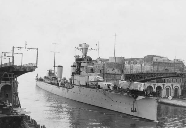 Military ship in 1940 Italian Warship Leaving the Harbor in 1940. 1940 stock pictures, royalty-free photos & images