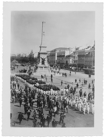 Aerial view of Military Parade in Lisbon. 1938.
