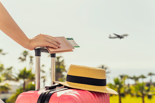 Mujer con maleta rosa y pasaporte con tarjeta de embarque de pie en la escalera de pasajeros del avión frente al mar con palmeras. Concepto turístico photo