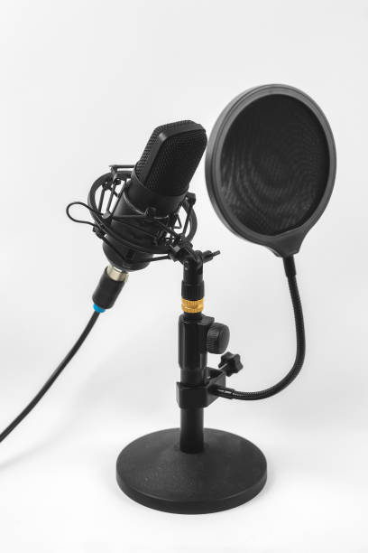 istock Close-up of a professional microphone with a pop filter in front of it. Desktop microphone for recording podcasts, songs and streaming on a stand against a light background 1392495434