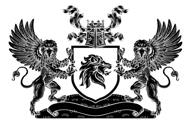 Crest Lion Griffin Coat of Arms Griffon Shield A crest coat of arms family shield seal featuring two griffins or griffons and lion bills lions stock illustrations