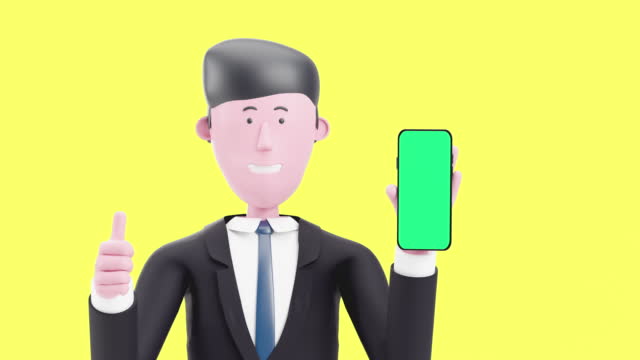3d Happy animation businessman cartoon showing Smart phone with green screen. thumb up , great job.
