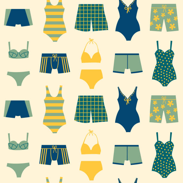 ilustraciones, imágenes clip art, dibujos animados e iconos de stock de patrón sin costuras con trajes de baño. varios trajes de baño para hombres y mujeres. bikinis, pantalones cortos, bañadores y bañadores. - swimming trunks illustrations