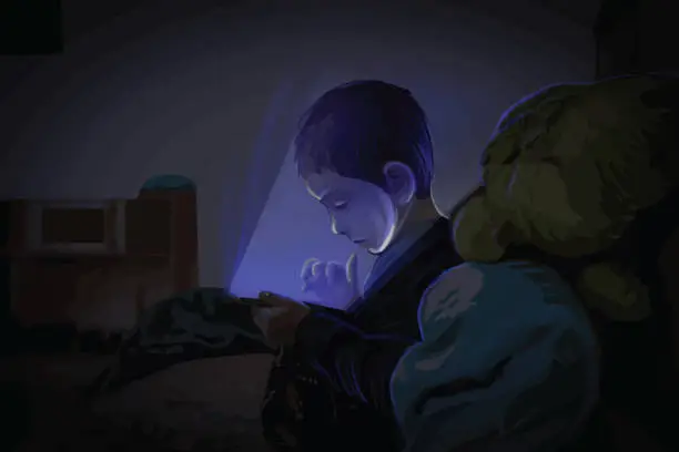 Vector illustration of The boy plays games at night
