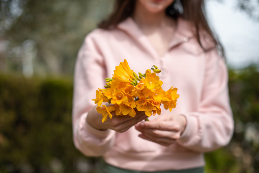 Young Woman Holding Freesias From Her Garden