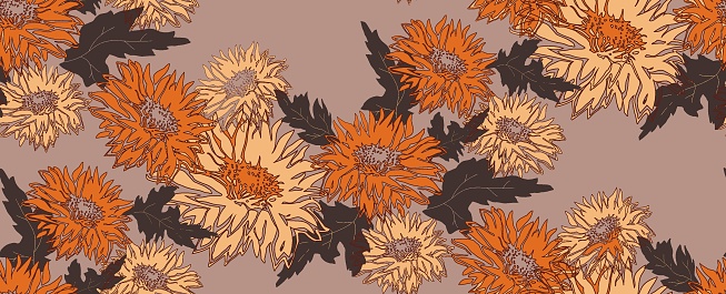 Boho colors hand drawn floral seamless pattern of flowers chrysanthemum in light earth tones with blossom. For design, package, textile, fabric, wallpaper, bedding, autumn winter clothes.