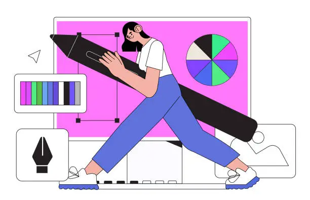 Vector illustration of Woman working on website or application, ui ux design and programming. Design professional doing research and prototyping. Web studio or mobile application concept for banner, ads, landing page.