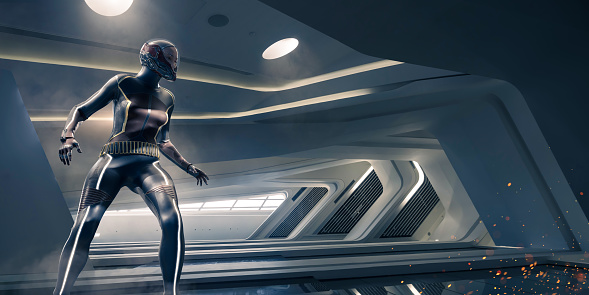 Female superhero in a generic futuristic fantasy sci-fi superhero costume standing in ready pose with arms out and knees bent looking across image. She is standing in a futuristic building interior.