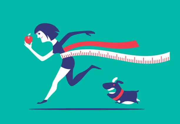 Vector illustration of girl holding apple and running with fat dog