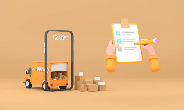 istock Cartoon hand of a courier's make checked and hand writing on clipboard 1392503880