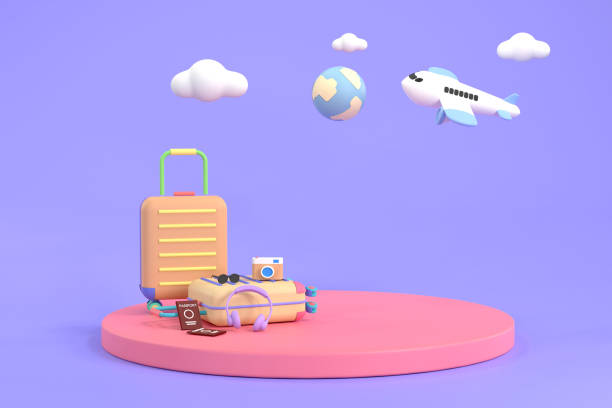 istock podium stage surrounded by traveler accessories for showing or presentation. 1392505077