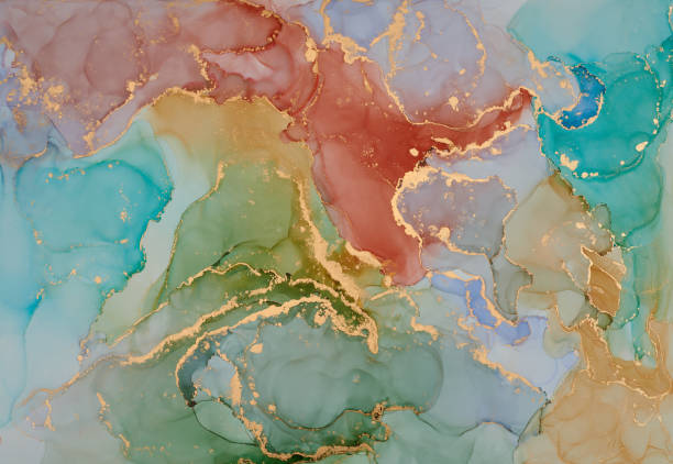 Currents of translucent hues, snaking metallic swirls, and foamy sprays of color shape the landscape of these free-flowing textures. Natural luxury abstract fluid art painting in alcohol ink technique corrientes de tonos translúcidos, remolinos metálicos serpenteantes y aerosoles espumosos de color dan forma al paisaje de estas texturas que fluyen libremente. pintura de arte fluido abstracto de lujo natural en técnica de tinta alcohólica