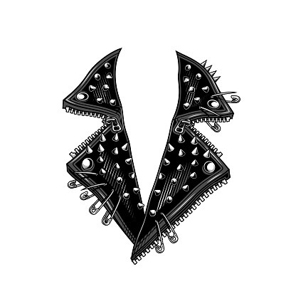 Vector illustration in engraving technique of spiked collar. Isolated on black.