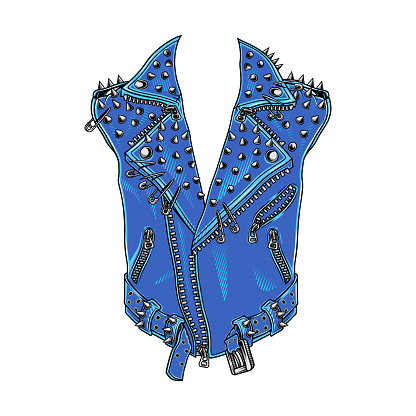 Vector illustration in engraving technique of blue biker jacket with spikes and pins. Isolated on white.