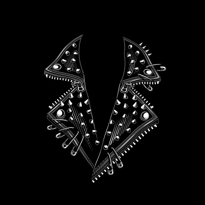 Vector illustration in engraving technique of spiked collar. Isolated on black.