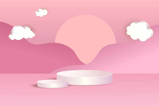 istock 3D Podium. White pedestal in pink scene, showcase for products presentation and advertising. Empty round platform on pastel background with clouds and sun, minimal modern design. Vector backdrop 1392507501