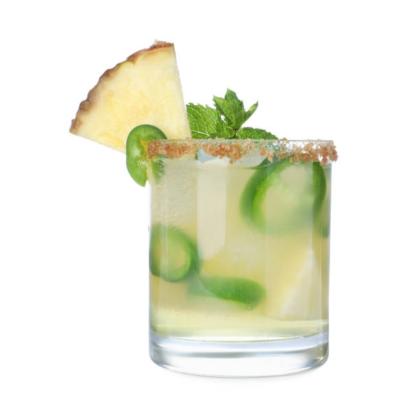 spicy pineapple cocktail with jalapeno and mint isolated on white - hot drink fotos imagens e fotografias de stock