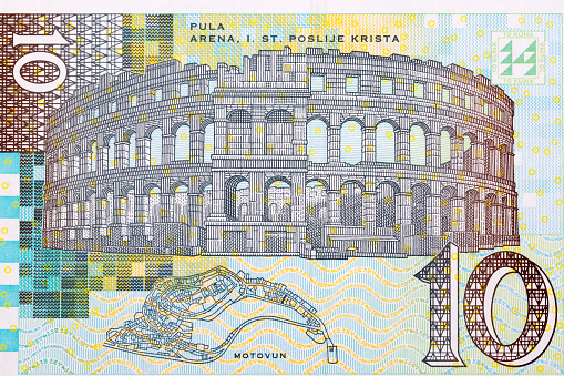 Pula Arena and Motovun town layout from Croatian money - Kuna