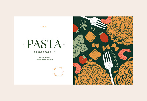 Various kind of pasta design template. Pasta with tomato and basil. Italian food.