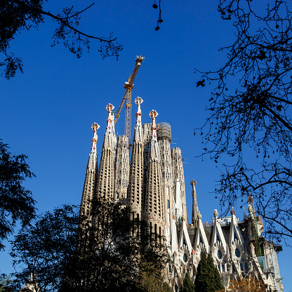 Barcelona, Spain - January 25, 2022: Construction of Sagrada Familia in Barcelona. Cranes above the church